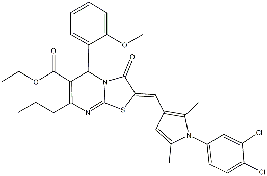 ethyl 2-{[1-(3,4-dichlorophenyl)-2,5-dimethyl-1H-pyrrol-3-yl]methylene}-5-(2-methoxyphenyl)-3-oxo-7-propyl-2,3-dihydro-5H-[1,3]thiazolo[3,2-a]pyrimidine-6-carboxylate Struktur