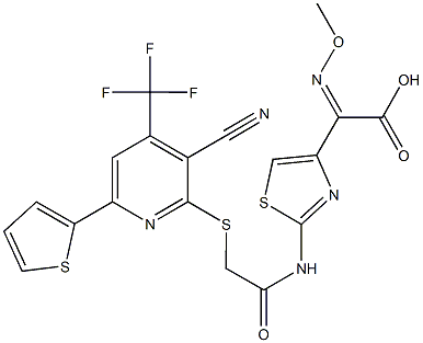 {2-[({[3-cyano-6-thien-2-yl-4-(trifluoromethyl)pyridin-2-yl]sulfanyl}acetyl)amino]-1,3-thiazol-4-yl}(methoxyimino)acetic acid Struktur