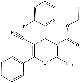 ethyl 2-amino-5-cyano-4-(2-fluorophenyl)-6-phenyl-4H-pyran-3-carboxylate Struktur