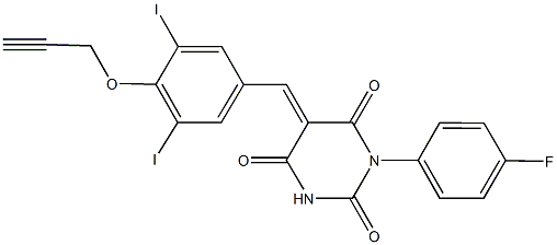 5-[3,5-diiodo-4-(2-propynyloxy)benzylidene]-1-(4-fluorophenyl)-2,4,6(1H,3H,5H)-pyrimidinetrione Struktur