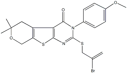 2-[(2-bromo-2-propenyl)sulfanyl]-3-(4-methoxyphenyl)-6,6-dimethyl-3,5,6,8-tetrahydro-4H-pyrano[4',3':4,5]thieno[2,3-d]pyrimidin-4-one Struktur