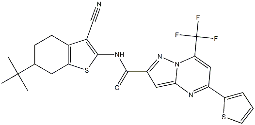 N-(6-tert-butyl-3-cyano-4,5,6,7-tetrahydro-1-benzothien-2-yl)-5-(2-thienyl)-7-(trifluoromethyl)pyrazolo[1,5-a]pyrimidine-2-carboxamide Struktur