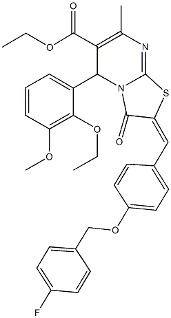 ethyl 5-(2-ethoxy-3-methoxyphenyl)-2-{4-[(4-fluorobenzyl)oxy]benzylidene}-7-methyl-3-oxo-2,3-dihydro-5H-[1,3]thiazolo[3,2-a]pyrimidine-6-carboxylate Struktur