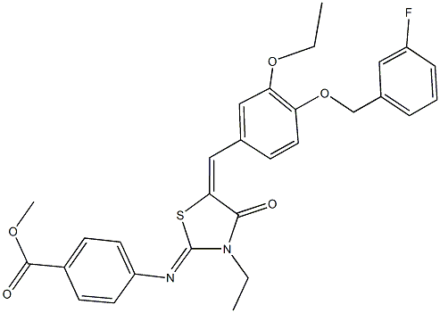 methyl 4-[(5-{3-ethoxy-4-[(3-fluorobenzyl)oxy]benzylidene}-3-ethyl-4-oxo-1,3-thiazolidin-2-ylidene)amino]benzoate Struktur