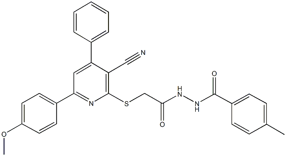 2-{[3-cyano-6-(4-methoxyphenyl)-4-phenyl-2-pyridinyl]sulfanyl}-N'-(4-methylbenzoyl)acetohydrazide Struktur