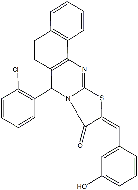 7-(2-chlorophenyl)-10-(3-hydroxybenzylidene)-5,7-dihydro-6H-benzo[h][1,3]thiazolo[2,3-b]quinazolin-9(10H)-one Struktur