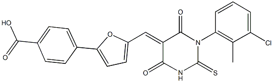 4-{5-[(1-(3-chloro-2-methylphenyl)-4,6-dioxo-2-thioxotetrahydro-5(2H)-pyrimidinylidene)methyl]-2-furyl}benzoic acid Struktur