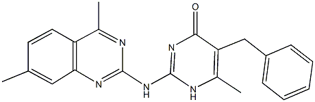 5-benzyl-2-[(4,7-dimethylquinazolin-2-yl)amino]-6-methylpyrimidin-4(1H)-one Struktur