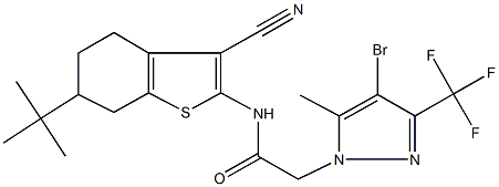 2-[4-bromo-5-methyl-3-(trifluoromethyl)-1H-pyrazol-1-yl]-N-(6-tert-butyl-3-cyano-4,5,6,7-tetrahydro-1-benzothien-2-yl)acetamide Struktur