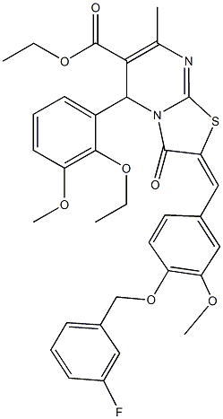 ethyl 5-(2-ethoxy-3-methoxyphenyl)-2-{4-[(3-fluorobenzyl)oxy]-3-methoxybenzylidene}-7-methyl-3-oxo-2,3-dihydro-5H-[1,3]thiazolo[3,2-a]pyrimidine-6-carboxylate Struktur