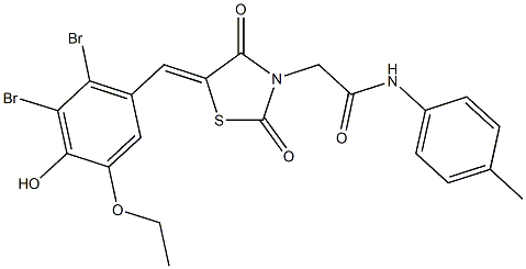 2-[5-(2,3-dibromo-5-ethoxy-4-hydroxybenzylidene)-2,4-dioxo-1,3-thiazolidin-3-yl]-N-(4-methylphenyl)acetamide Struktur