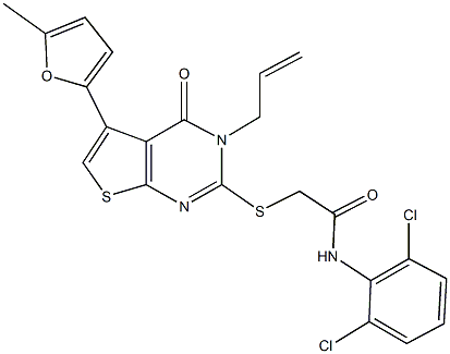 2-{[3-allyl-5-(5-methyl-2-furyl)-4-oxo-3,4-dihydrothieno[2,3-d]pyrimidin-2-yl]sulfanyl}-N-(2,6-dichlorophenyl)acetamide Struktur