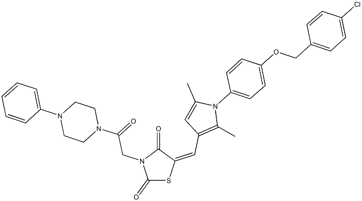 5-[(1-{4-[(4-chlorobenzyl)oxy]phenyl}-2,5-dimethyl-1H-pyrrol-3-yl)methylene]-3-[2-oxo-2-(4-phenyl-1-piperazinyl)ethyl]-1,3-thiazolidine-2,4-dione Struktur