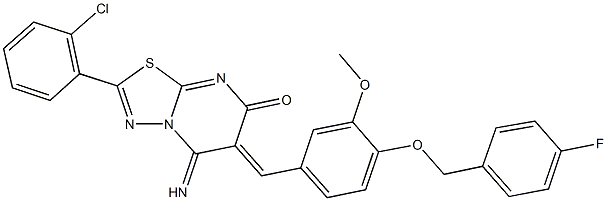 2-(2-chlorophenyl)-6-{4-[(4-fluorobenzyl)oxy]-3-methoxybenzylidene}-5-imino-5,6-dihydro-7H-[1,3,4]thiadiazolo[3,2-a]pyrimidin-7-one Struktur