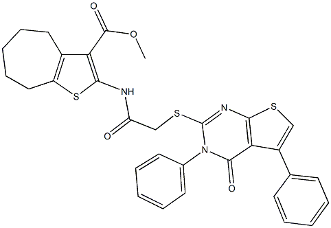 methyl 2-({[(4-oxo-3,5-diphenyl-3,4-dihydrothieno[2,3-d]pyrimidin-2-yl)sulfanyl]acetyl}amino)-5,6,7,8-tetrahydro-4H-cyclohepta[b]thiophene-3-carboxylate Struktur