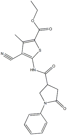 ethyl 4-cyano-3-methyl-5-{[(5-oxo-1-phenyl-3-pyrrolidinyl)carbonyl]amino}-2-thiophenecarboxylate Struktur