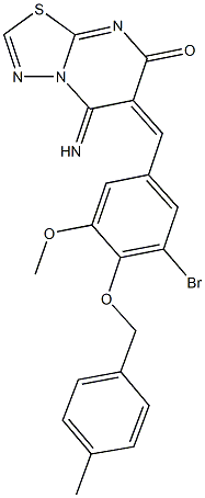 6-{3-bromo-5-methoxy-4-[(4-methylbenzyl)oxy]benzylidene}-5-imino-5,6-dihydro-7H-[1,3,4]thiadiazolo[3,2-a]pyrimidin-7-one Struktur