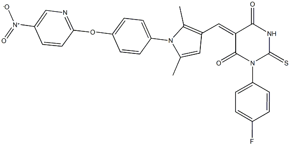 1-(4-fluorophenyl)-5-({1-[4-({5-nitro-2-pyridinyl}oxy)phenyl]-2,5-dimethyl-1H-pyrrol-3-yl}methylene)-2-thioxodihydro-4,6(1H,5H)-pyrimidinedione Struktur