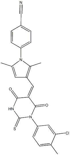 4-{3-[(1-(3-chloro-4-methylphenyl)-4,6-dioxo-2-thioxotetrahydro-5(2H)-pyrimidinylidene)methyl]-2,5-dimethyl-1H-pyrrol-1-yl}benzonitrile Struktur