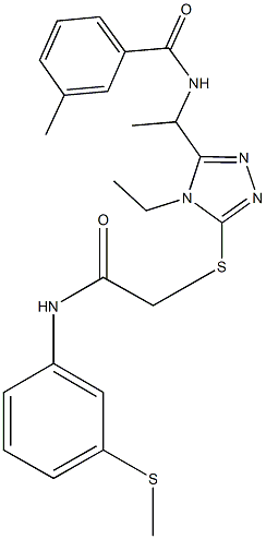 N-{1-[4-ethyl-5-({2-[3-(methylthio)anilino]-2-oxoethyl}thio)-4H-1,2,4-triazol-3-yl]ethyl}-3-methylbenzamide Struktur