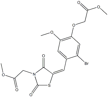 methyl {5-[2-bromo-5-methoxy-4-(2-methoxy-2-oxoethoxy)benzylidene]-2,4-dioxo-1,3-thiazolidin-3-yl}acetate Struktur