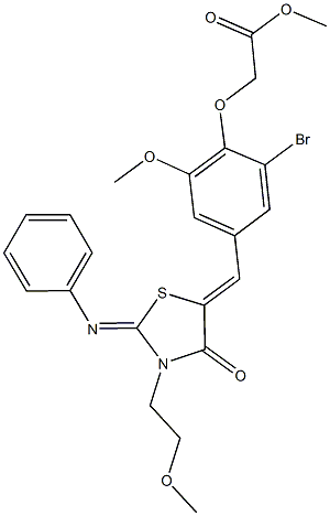 methyl (2-bromo-6-methoxy-4-{[3-(2-methoxyethyl)-4-oxo-2-(phenylimino)-1,3-thiazolidin-5-ylidene]methyl}phenoxy)acetate Struktur