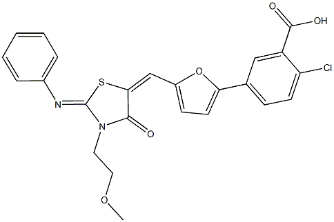 2-chloro-5-(5-{[3-(2-methoxyethyl)-4-oxo-2-(phenylimino)-1,3-thiazolidin-5-ylidene]methyl}-2-furyl)benzoic acid Struktur