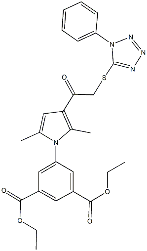 diethyl 5-(2,5-dimethyl-3-{[(1-phenyl-1H-tetraazol-5-yl)sulfanyl]acetyl}-1H-pyrrol-1-yl)isophthalate Struktur