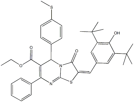 ethyl 2-(3,5-ditert-butyl-4-hydroxybenzylidene)-5-[4-(methylsulfanyl)phenyl]-3-oxo-7-phenyl-2,3-dihydro-5H-[1,3]thiazolo[3,2-a]pyrimidine-6-carboxylate Struktur