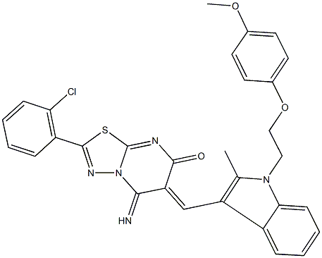 2-(2-chlorophenyl)-5-imino-6-({1-[2-(4-methoxyphenoxy)ethyl]-2-methyl-1H-indol-3-yl}methylene)-5,6-dihydro-7H-[1,3,4]thiadiazolo[3,2-a]pyrimidin-7-one Struktur