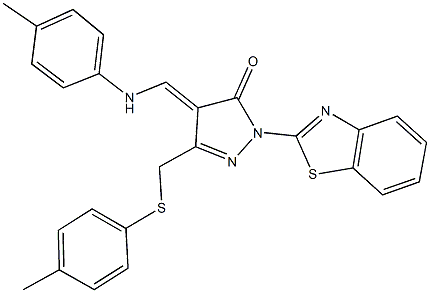 2-(1,3-benzothiazol-2-yl)-5-{[(4-methylphenyl)sulfanyl]methyl}-4-(4-toluidinomethylene)-2,4-dihydro-3H-pyrazol-3-one Struktur