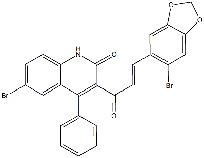 6-bromo-3-[3-(6-bromo-1,3-benzodioxol-5-yl)acryloyl]-4-phenyl-2(1H)-quinolinone Struktur