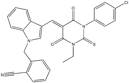 2-({3-[(1-(4-chlorophenyl)-3-ethyl-4,6-dioxo-2-thioxotetrahydropyrimidin-5(2H)-ylidene)methyl]-1H-indol-1-yl}methyl)benzonitrile Struktur