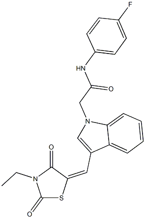 2-{3-[(3-ethyl-2,4-dioxo-1,3-thiazolidin-5-ylidene)methyl]-1H-indol-1-yl}-N-(4-fluorophenyl)acetamide Struktur