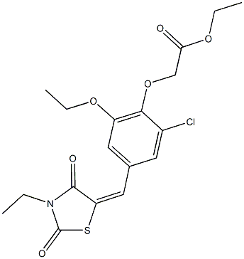 ethyl {2-chloro-6-ethoxy-4-[(3-ethyl-2,4-dioxo-1,3-thiazolidin-5-ylidene)methyl]phenoxy}acetate Struktur