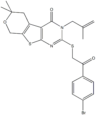 2-{[2-(4-bromophenyl)-2-oxoethyl]sulfanyl}-6,6-dimethyl-3-(2-methyl-2-propenyl)-3,5,6,8-tetrahydro-4H-pyrano[4',3':4,5]thieno[2,3-d]pyrimidin-4-one Struktur