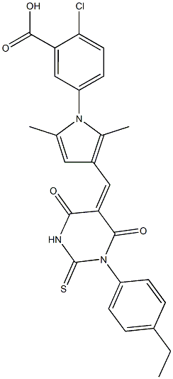 2-chloro-5-{3-[(1-(4-ethylphenyl)-4,6-dioxo-2-thioxotetrahydro-5(2H)-pyrimidinylidene)methyl]-2,5-dimethyl-1H-pyrrol-1-yl}benzoic acid Struktur