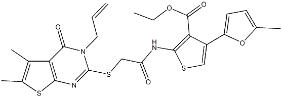 ethyl 2-({[(3-allyl-5,6-dimethyl-4-oxo-3,4-dihydrothieno[2,3-d]pyrimidin-2-yl)sulfanyl]acetyl}amino)-4-(5-methyl-2-furyl)-3-thiophenecarboxylate Struktur