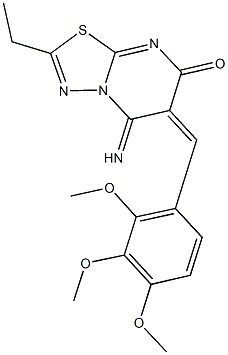 2-ethyl-5-imino-6-(2,3,4-trimethoxybenzylidene)-5,6-dihydro-7H-[1,3,4]thiadiazolo[3,2-a]pyrimidin-7-one Struktur