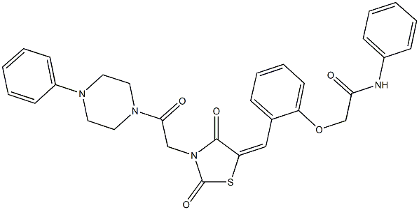 2-[2-({2,4-dioxo-3-[2-oxo-2-(4-phenyl-1-piperazinyl)ethyl]-1,3-thiazolidin-5-ylidene}methyl)phenoxy]-N-phenylacetamide Struktur