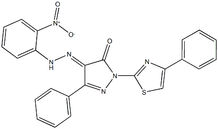 3-phenyl-1-(4-phenyl-1,3-thiazol-2-yl)-1H-pyrazole-4,5-dione 4-({2-nitrophenyl}hydrazone) Struktur