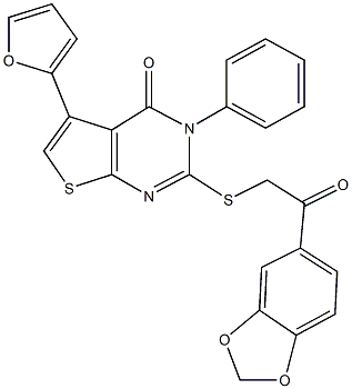 2-{[2-(1,3-benzodioxol-5-yl)-2-oxoethyl]sulfanyl}-5-(2-furyl)-3-phenylthieno[2,3-d]pyrimidin-4(3H)-one Struktur