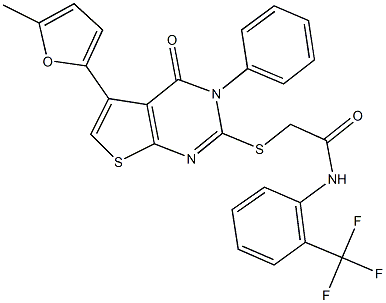 2-{[5-(5-methyl-2-furyl)-4-oxo-3-phenyl-3,4-dihydrothieno[2,3-d]pyrimidin-2-yl]sulfanyl}-N-[2-(trifluoromethyl)phenyl]acetamide Struktur