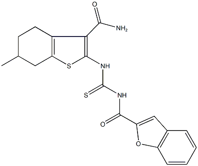 2-({[(1-benzofuran-2-ylcarbonyl)amino]carbothioyl}amino)-6-methyl-4,5,6,7-tetrahydro-1-benzothiophene-3-carboxamide Struktur