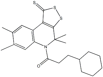 5-(3-cyclohexylpropanoyl)-4,4,7,8-tetramethyl-4,5-dihydro-1H-[1,2]dithiolo[3,4-c]quinoline-1-thione Struktur