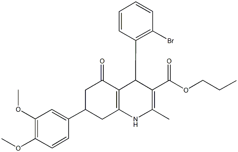 propyl 4-(2-bromophenyl)-7-(3,4-dimethoxyphenyl)-2-methyl-5-oxo-1,4,5,6,7,8-hexahydro-3-quinolinecarboxylate Struktur