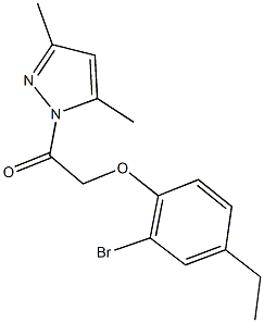 2-bromo-4-ethylphenyl 2-(3,5-dimethyl-1H-pyrazol-1-yl)-2-oxoethyl ether Struktur