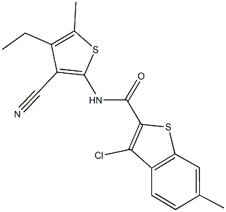 3-chloro-N-(3-cyano-4-ethyl-5-methyl-2-thienyl)-6-methyl-1-benzothiophene-2-carboxamide Struktur