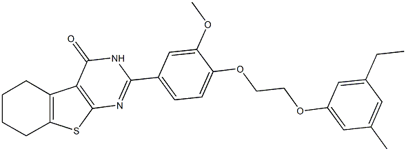 2-{4-[2-(3-ethyl-5-methylphenoxy)ethoxy]-3-methoxyphenyl}-5,6,7,8-tetrahydro[1]benzothieno[2,3-d]pyrimidin-4(3H)-one Struktur