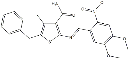 5-benzyl-2-({2-nitro-4,5-dimethoxybenzylidene}amino)-4-methyl-3-thiophenecarboxamide Struktur